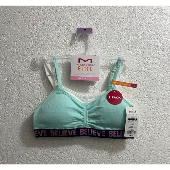 Girls Maidenform 2-pk Blue Believe White Seamless Ruched Cropped Bras Size Mediu - Picture 2 of 4